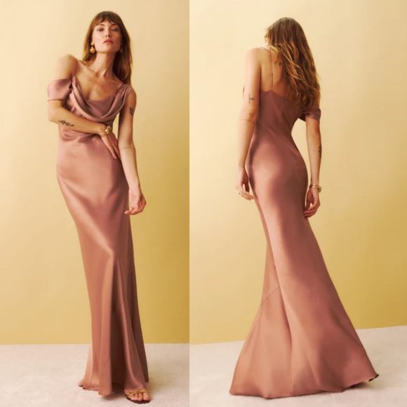 NWT Reformation Ronda Maxi Silk Dress Sz 8 Praline One Shoulder Low Cowl Neck - Picture 2 of 8